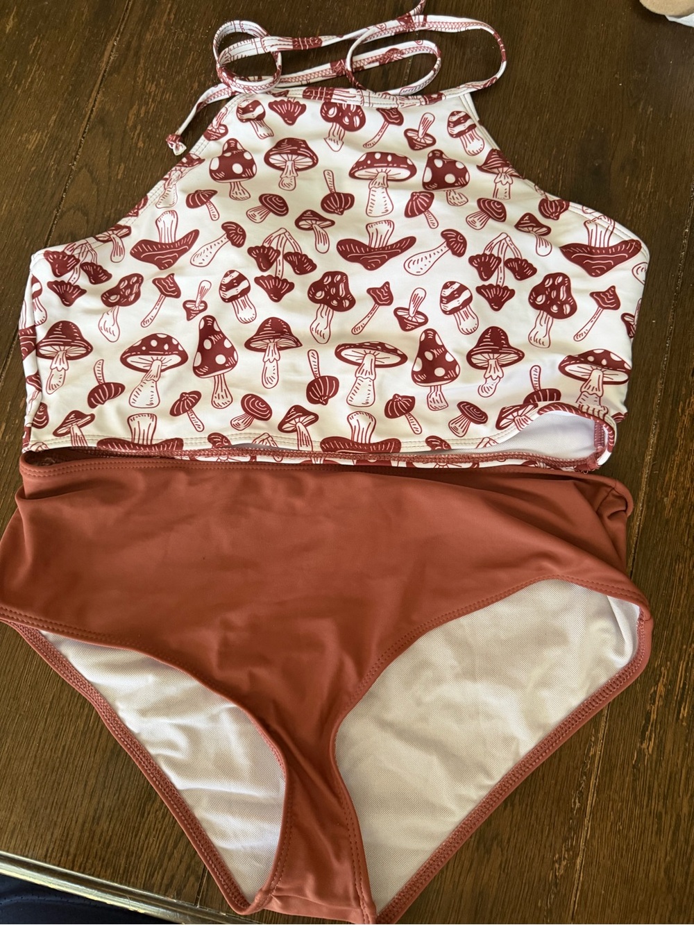 Source Unknown White and Rust Mushroom Print High Neck Bikini
